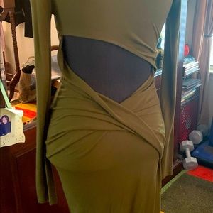 Haute Hippie fitted army green dress with the back out.